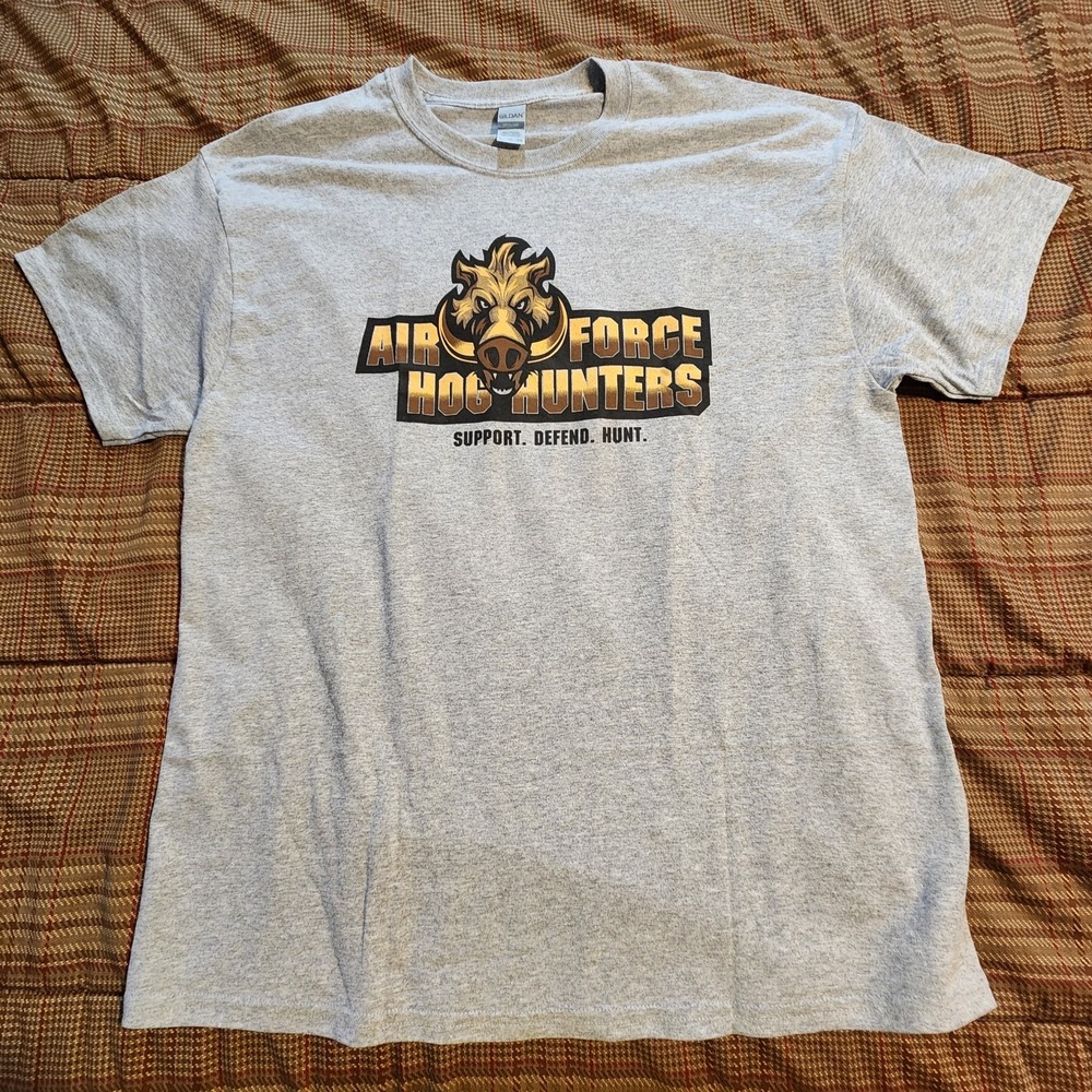 Air Force Hog Hunters‎ Graphic T-Shirt XL Men Grey Double Sided Gildan Dry Blend